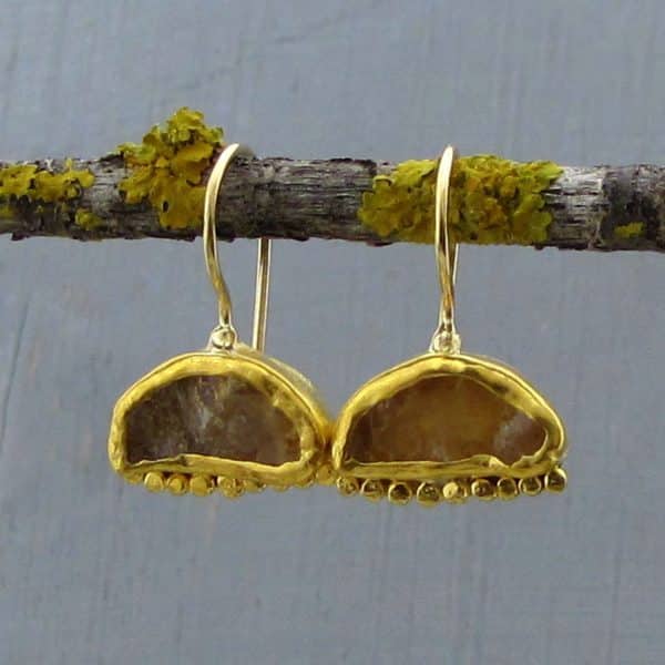 Unique Rough Citrine Amethyst 24k gold earrings